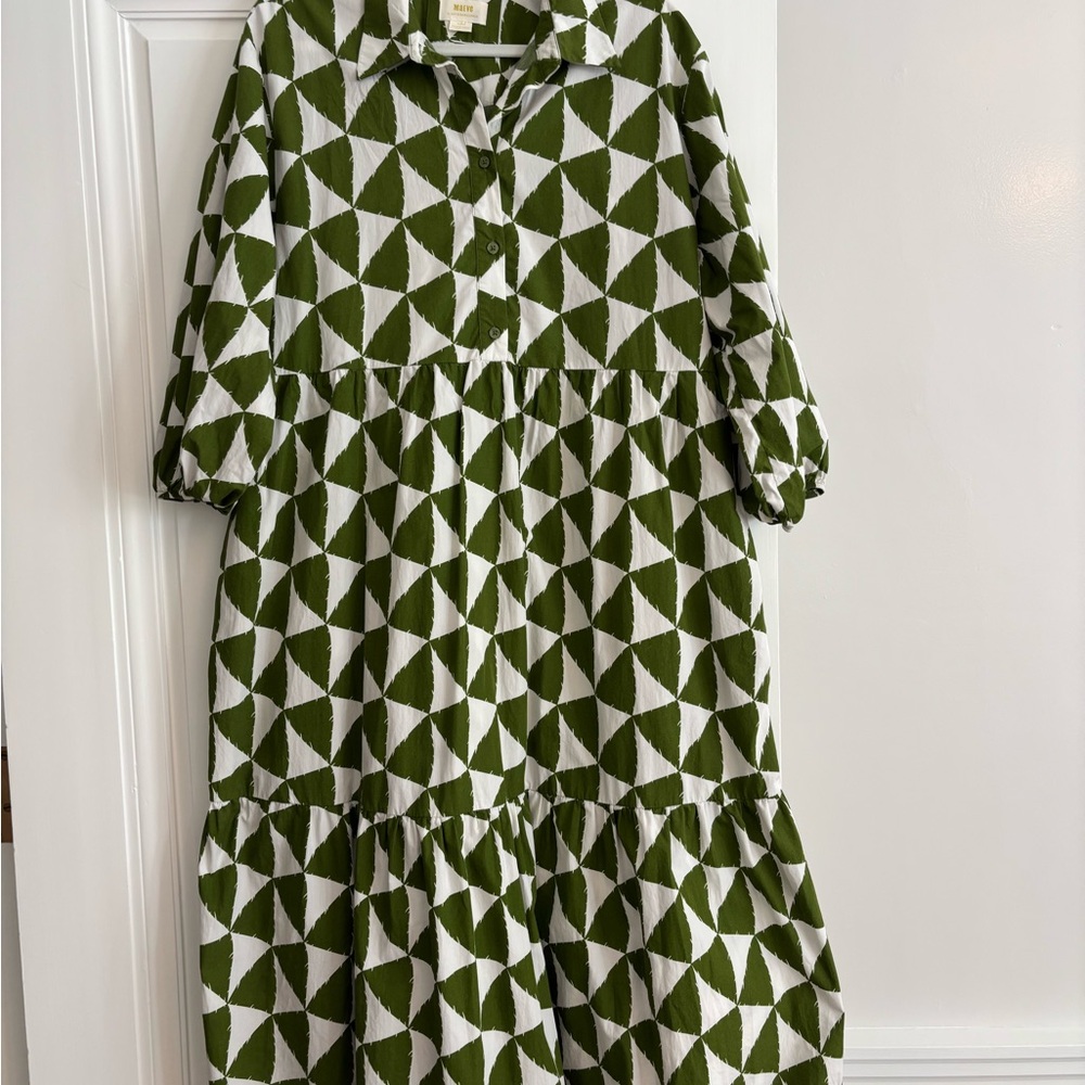 Anthropologie Olive Green and Cream Geometric Long Sleeve Maxi Dress - Picture 4 of 9